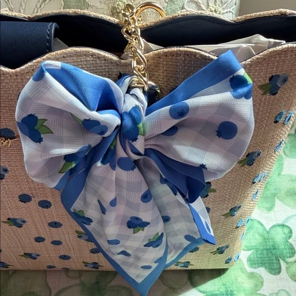 Betsey Johnson Beige blueberry Tote with Blue Floral & Polka Dot Scarf Bow - Picture 2 of 11
